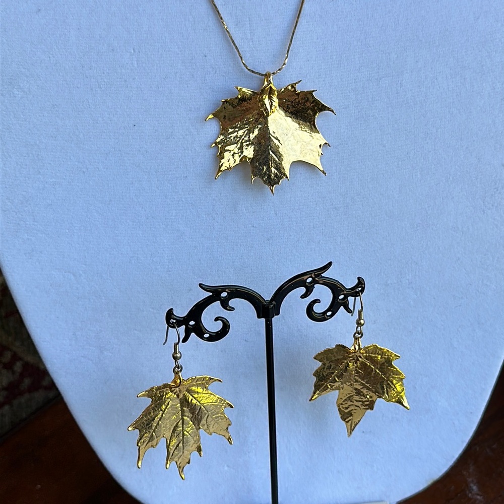 Gold Maple Leaf Earrings and Necklace